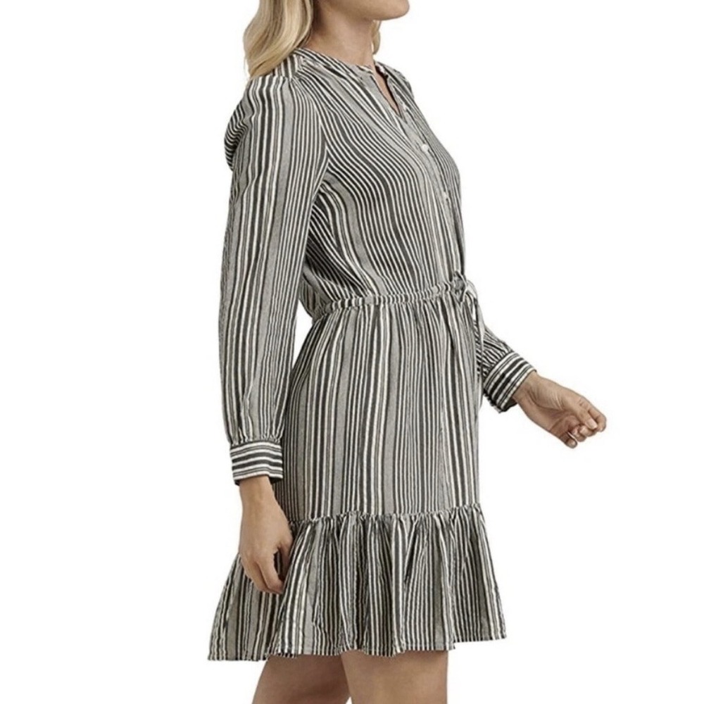 J.Crew Women Striped Mini Shirt Dress Medium Long Sleeve Drawstring Ruffle Hem